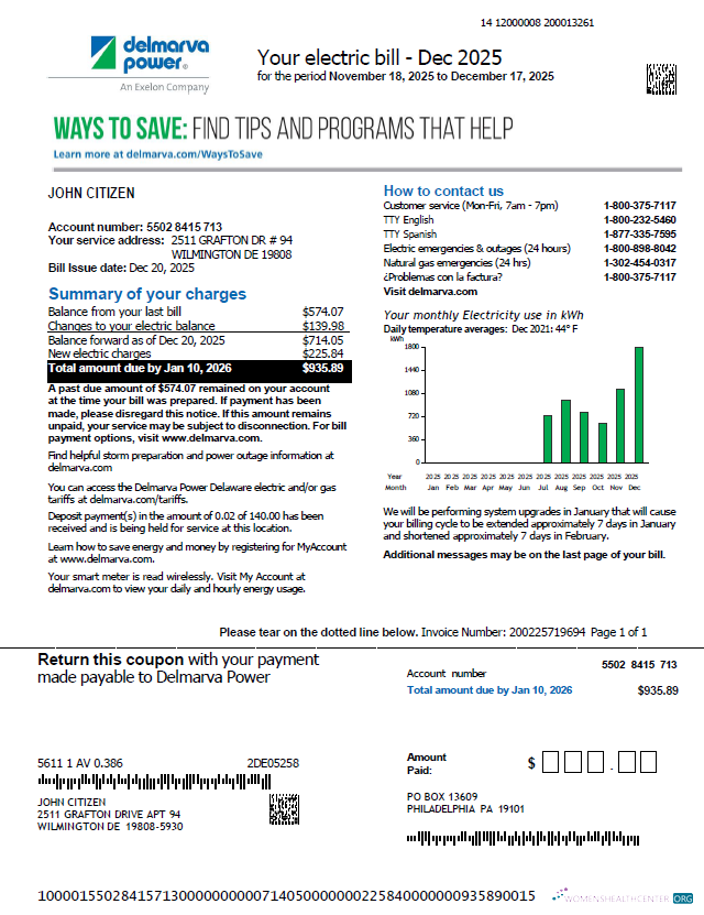 download USA Delmarva Power utility bill template in Word and PDF formats, version 2 PDF template